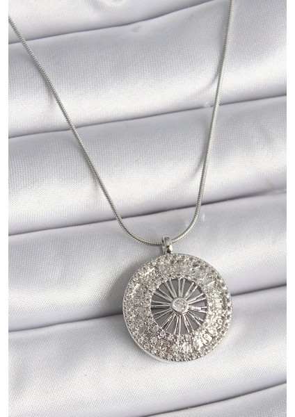 316L Çelik Gümüş Renk Zirkon Taşlı 12 Burç Madalyon Model Kadın Kolye