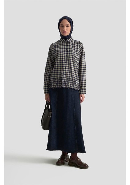 Çiçek Nakışlı Ekose Tunik 25KM1026 Lacivert fiyatları