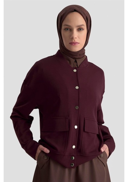 Zımbalı Örme Ceket 25KD4032 Mürdüm