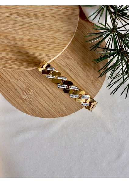 Zincir Taşlı Çelik Kelepçe - Altın