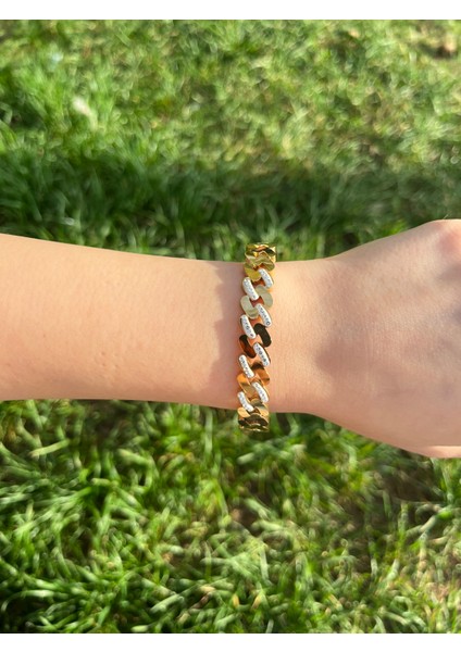 Zincir Taşlı Çelik Kelepçe - Altın modelleri