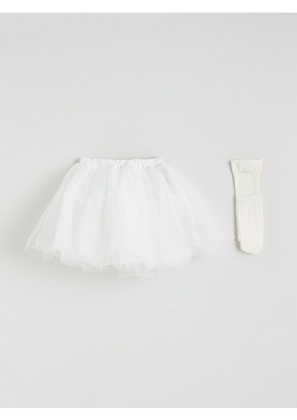Yeni Sezon Beli Lastikli Kız Çocuk Tütülü Etek ve Külotlu Çorap 2'li
