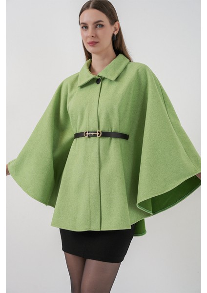 Kadın Kemerli Kaşe Panço 9170 - E.yeşil