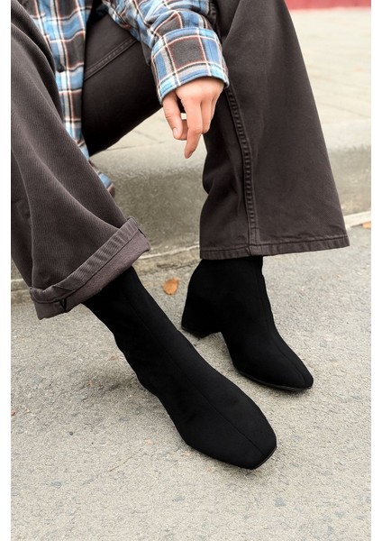 Jornel Kadın Topuklu Streç Bot Siyah Süet modelleri