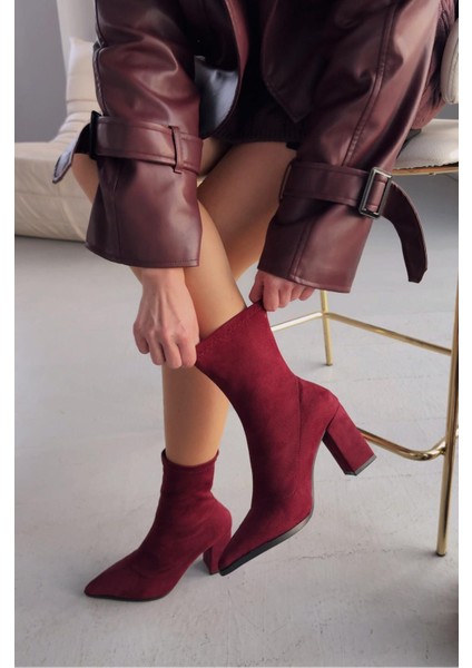 Ardews Süet Topuklu Çorap Bot Bordo