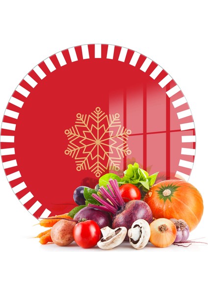 Cam Kesme Tahtası ve Sunumluk Yuvarlak Kırmızı Beyaz Kar Tanesi Desenli 30X30 cm