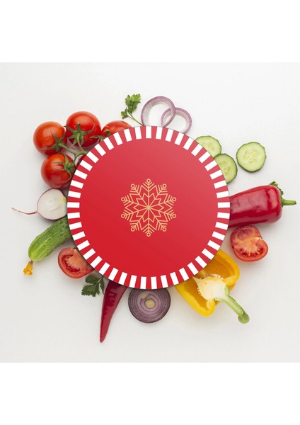 Cam Kesme Tahtası ve Sunumluk Yuvarlak Kırmızı Beyaz Kar Tanesi Desenli 30X30 cm modelleri