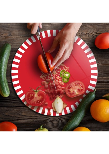 Cam Kesme Tahtası ve Sunumluk Yuvarlak Kırmızı Beyaz Kar Tanesi Desenli 30X30 cm fırsatları