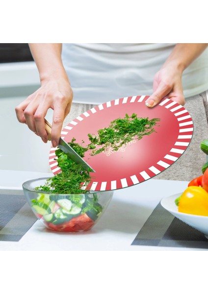 Cam Kesme Tahtası ve Sunumluk Yuvarlak Kırmızı Beyaz Kar Tanesi Desenli 30X30 cm indirimleri