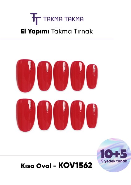 15'li Kırmızı Kısa Oval KOV1562 Tekrar Kullanılabilir El Yapımı Protez Takma Tırnak - Kırmızı-S