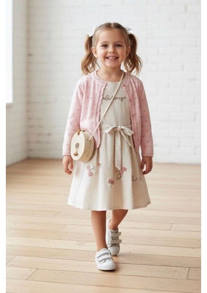 Kelebek Işleme Detaylı Çantalı Elbise ve Kırmızı Hırka Kız çocuk kombini - Pembe fiyatları