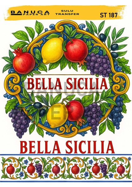 ST187 Bella Sicilia Meyve Çelengi Desenli 25*35 cm Açık Zemin Sulu Transfer