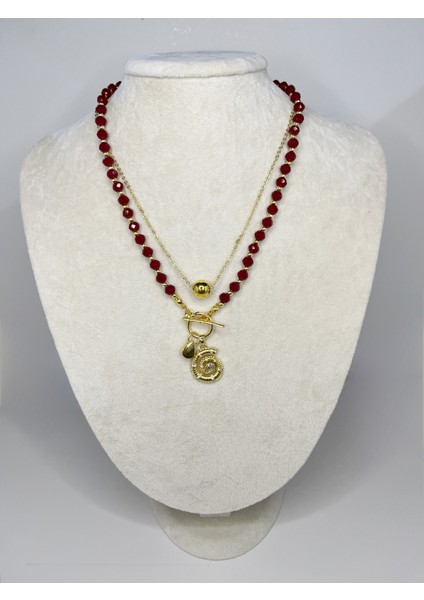 Bordo Kristal Taşlı Altın Kaplama Salyangoz Figürlü Çoklu Kolye