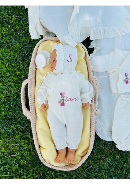 Nakışlı Isme Özel %100 Pamuk 4 Kat Müslin Hastane Çıkış Seti ve Puset Örtüsü indirimleri