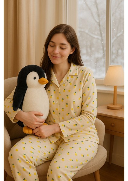 Limon Desenli Süet Dokulu Önden Düğmeli %100 Pamuk Kadın Pijama Takımı – Yumuşak ve Rahat Kumaş