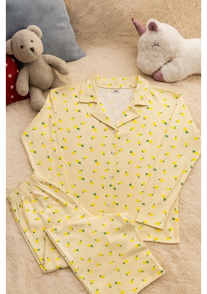 Limon Desenli Süet Dokulu Önden Düğmeli %100 Pamuk Kadın Pijama Takımı – Yumuşak ve Rahat Kumaş modelleri