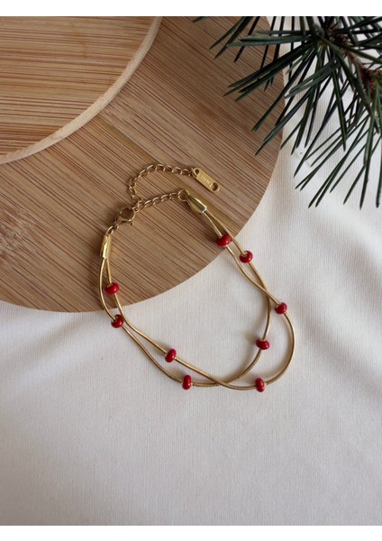 Kırmızı Çift Zincir Italyan Bileklik