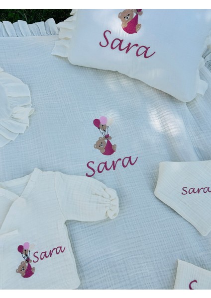 Nakışlı Isme Özel %100 Pamuk 4 Kat Müslin Hastane Çıkış Seti ve Puset Örtüsü