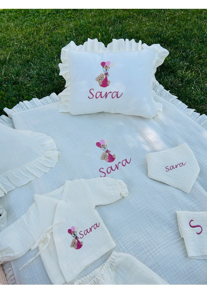 Nakışlı Isme Özel %100 Pamuk 4 Kat Müslin Hastane Çıkış Seti ve Puset Örtüsü