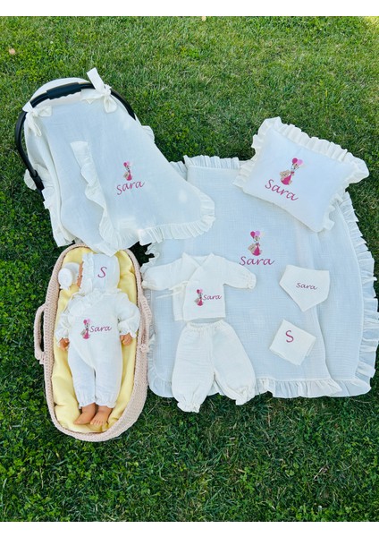 Nakışlı Isme Özel %100 Pamuk 4 Kat Müslin Hastane Çıkış Seti ve Puset Örtüsü