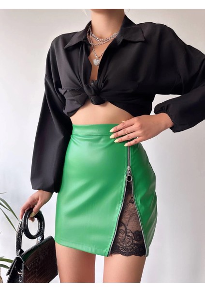 Xmpdby Dantelli Fermuarlı Deri Etek Yeşil W24598 (Beden: S)
