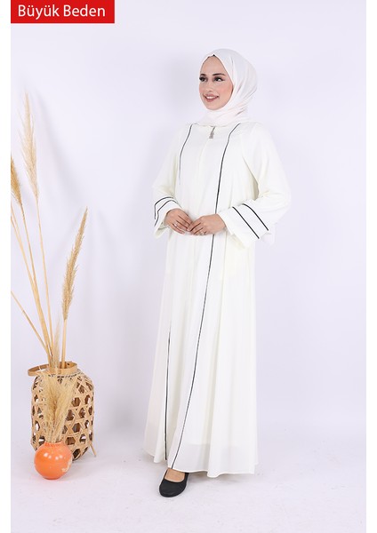 6011-1 Çizgili Fermuarlı Ferace Ekru