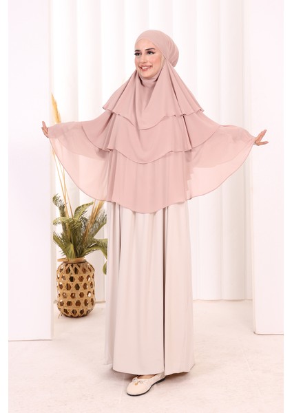 Peçeli 3 Katlı Şifon Sufle Şal 6012 Pudra