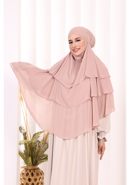 Peçeli 3 Katlı Şifon Sufle Şal 6012 Pudra modelleri