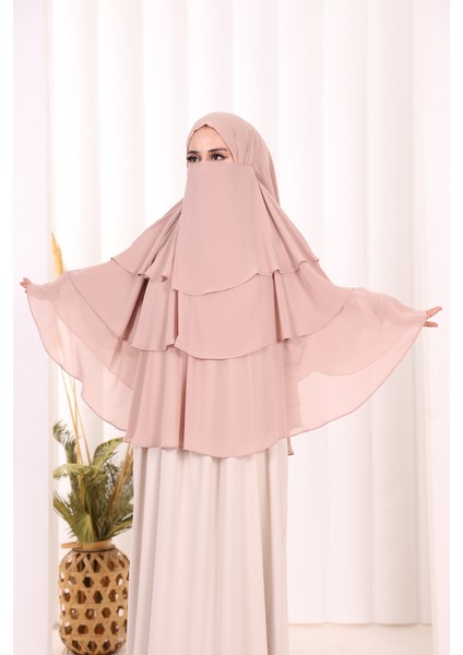 Peçeli 3 Katlı Şifon Sufle Şal 6012 Pudra indirimleri