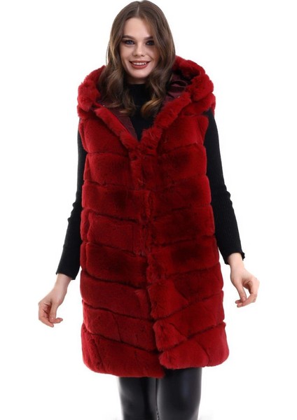 Kapşonlu Peluş Kürk Yelek Premium Kalite, Tam Astarlı, Uzun Model - Kırmızı fırsatları