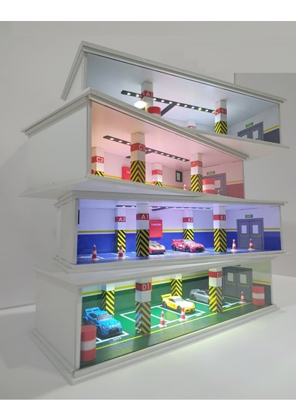 Diorama Ahşap Kapalı Otopark 4 Katlı LED Işıklı 1:64 Ölçekli Garaj