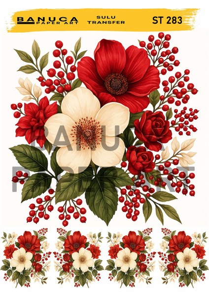 ST283 Kırmızı Beyaz Çiçek Desenli 25*35 cm Açık Zemin Sulu Transfer