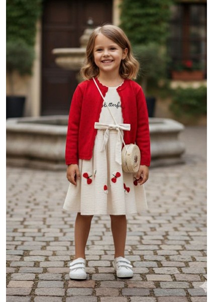 Kelebek Işleme Detaylı Çantalı Elbise ve Kırmızı Hırka Kız çocuk kombini - Kırmızı fiyatları