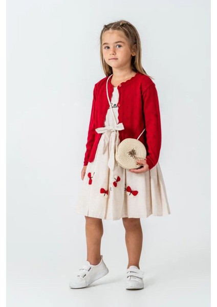 Kelebek Işleme Detaylı Çantalı Elbise ve Kırmızı Hırka Kız çocuk kombini - Kırmızı fırsatları