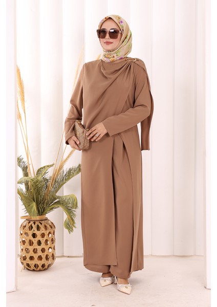 Tek Omuz Gold Toka Detaylı Tunik Pantolon Takım 8698 Kahverengi