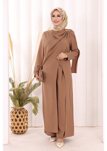 Tek Omuz Gold Toka Detaylı Tunik Pantolon Takım 8698 Kahverengi modelleri