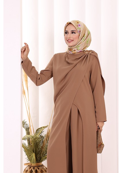 Tek Omuz Gold Toka Detaylı Tunik Pantolon Takım 8698 Kahverengi indirimleri