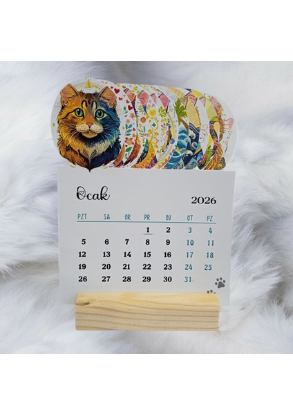 2026 Kedi Takvimi Ahşap Ayaklı Kedi Temalı Özel Tasarım Takvim