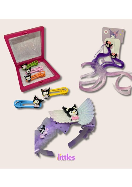 Kız Çocuk Kuromi Model Taç Kutulu Toka ve Postişli Mor Renk Ikili Toka Seti