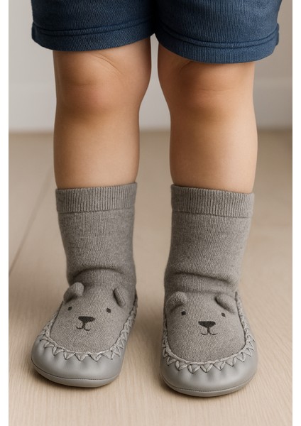 Çocuk Makosen Soket Çorap Patik Panduf – Kaydırmaz Ev & Anaokulu Ayakkabısı Gri
