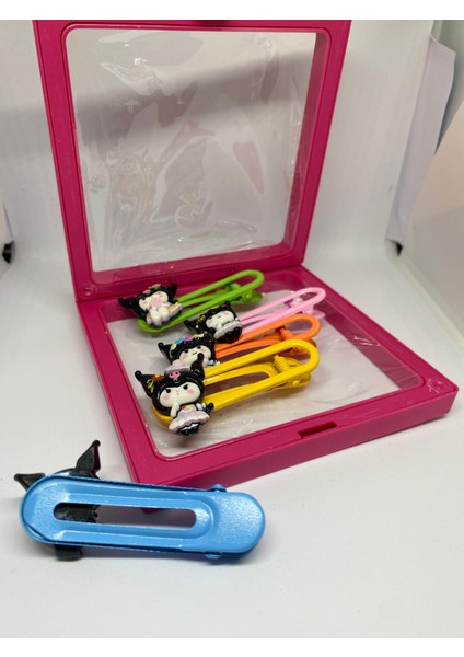 Kız Çocuk Kuromi Model Taç Kutulu Toka ve Postişli Mor Renk Ikili Toka Seti