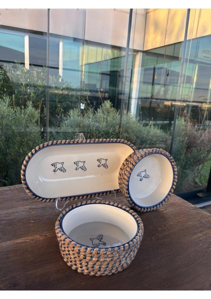 Mavi Kuş Desenli Hasır Görünümlü 3’lü Sunum Seti – Doğal ve Dekoratif Sunum Takımı fiyatları