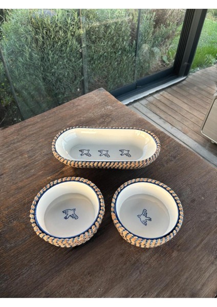 Mavi Kuş Desenli Hasır Görünümlü 3’lü Sunum Seti – Doğal ve Dekoratif Sunum Takımı modelleri