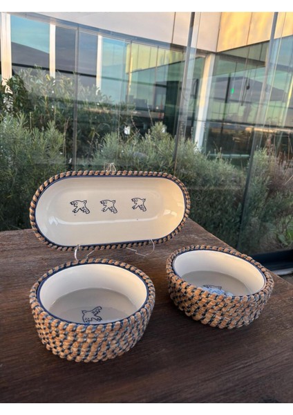 Mavi Kuş Desenli Hasır Görünümlü 3’lü Sunum Seti – Doğal ve Dekoratif Sunum Takımı fırsatları