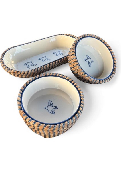 Mavi Kuş Desenli Hasır Görünümlü 3’lü Sunum Seti – Doğal ve Dekoratif Sunum Takımı indirimleri