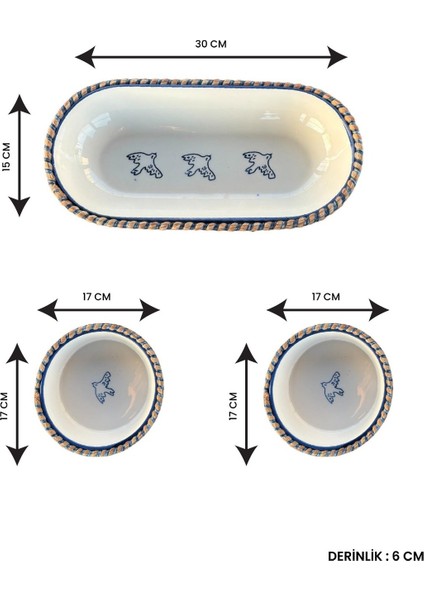 Mavi Kuş Desenli Hasır Görünümlü 3’lü Sunum Seti – Doğal ve Dekoratif Sunum Takımı