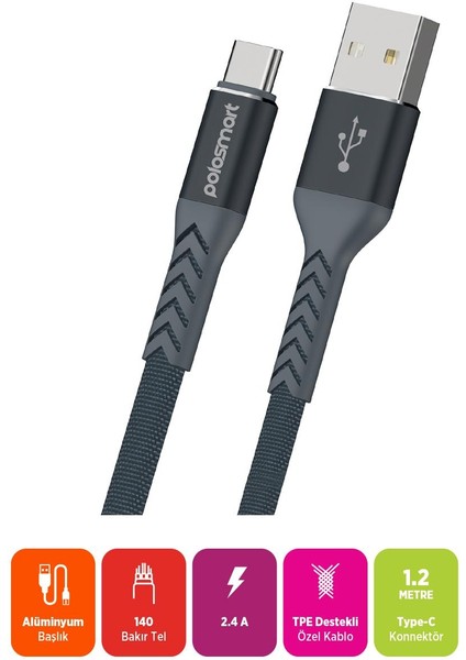 PSM116 Type-C Şarj ve Data Kablosu 1.2 Metre Gri fiyatları