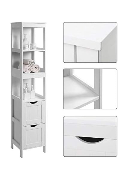 Için Yüksek Dolap, Ayaklarda Saklama Mobilyası, Dar Sütun, 2 Çekmeceli ve 3 Açık Bölmeli, 30 x 30 x 141,5 Cm,, Oturma Odası, Mutfak Için, Beyaz BBC66WT modelleri