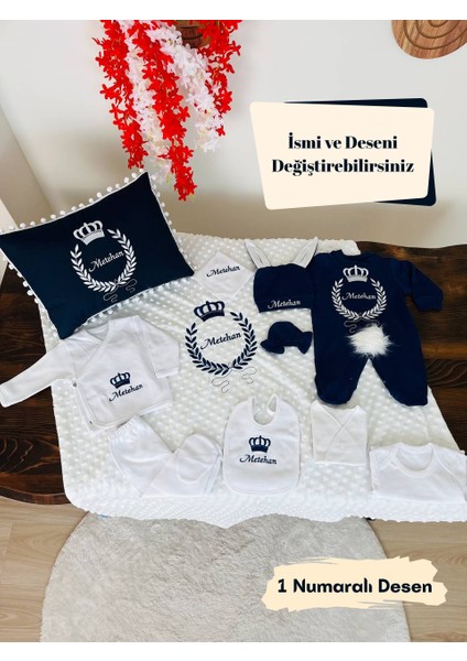 Nakış Işleme Isimli Lacivert Hastane Çıkış Seti 11 Parça (%100 Pamuk) Takı Yastıklı