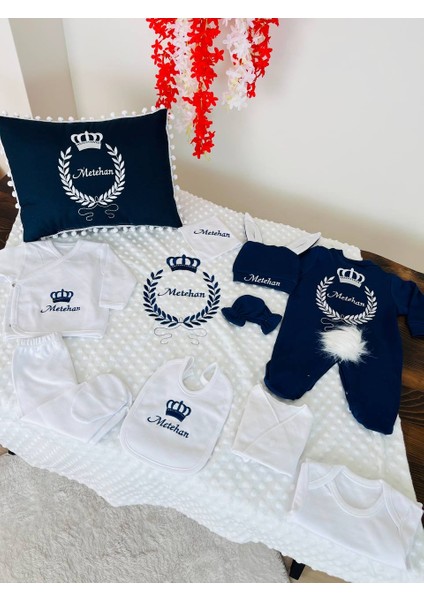 Nakış Işleme Isimli Lacivert Hastane Çıkış Seti 11 Parça (%100 Pamuk) Takı Yastıklı modelleri